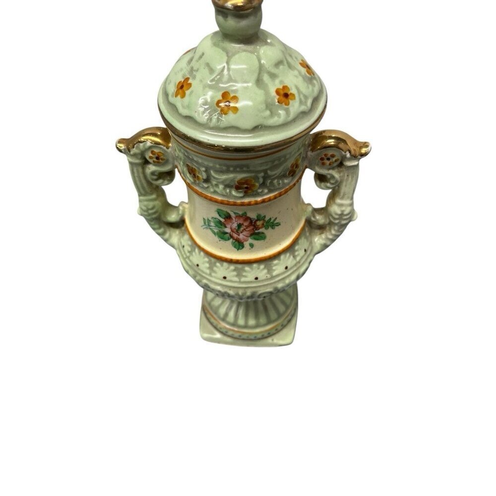 Vintage Hand Painted Japanese Urn & Lid 10" Tall Light Green with Floral Design - Picture 2 of 10